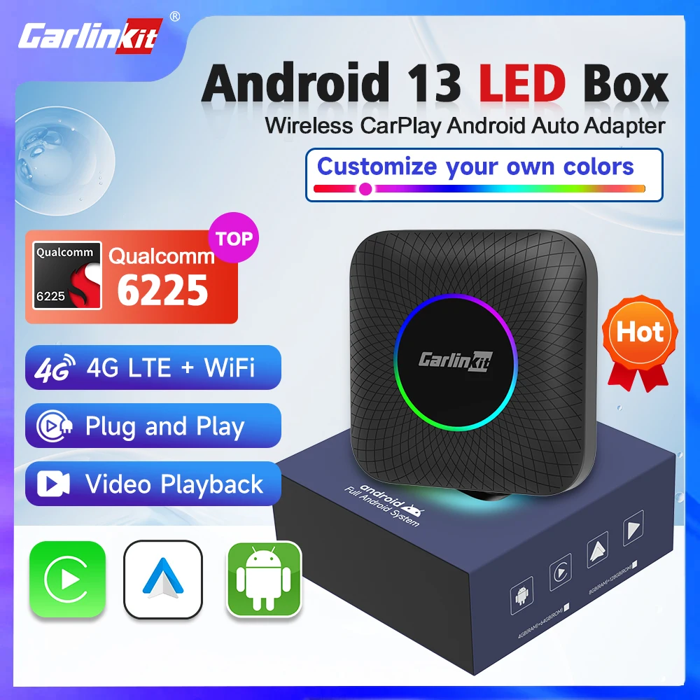 Carlinkit CarPlay Ai TV Box Android13 LED 64 128GB QCM 8 코어 6225 무선 CarPlay Android Auto YouTube Netflix 4G LTE WIFI